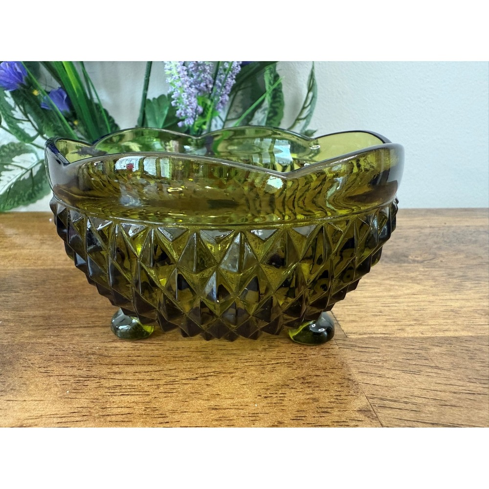 Vintage Olive Green Diamond Point Footed Glass Bowl Retro Emerald Decor‎ Dish